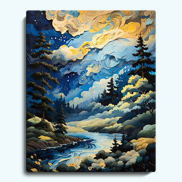 A forest under a swirling night Sky