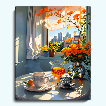 Orange flowers by the windowsill