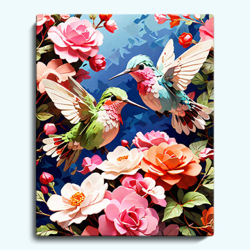 Two hummingbirds and flowers