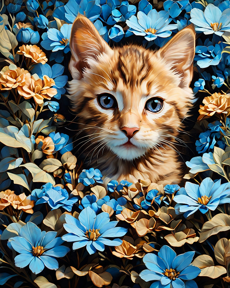 A cat and blue flowers