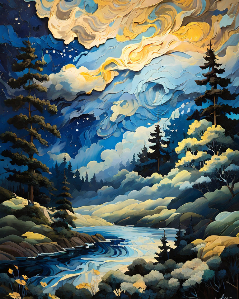 A forest under a swirling night Sky