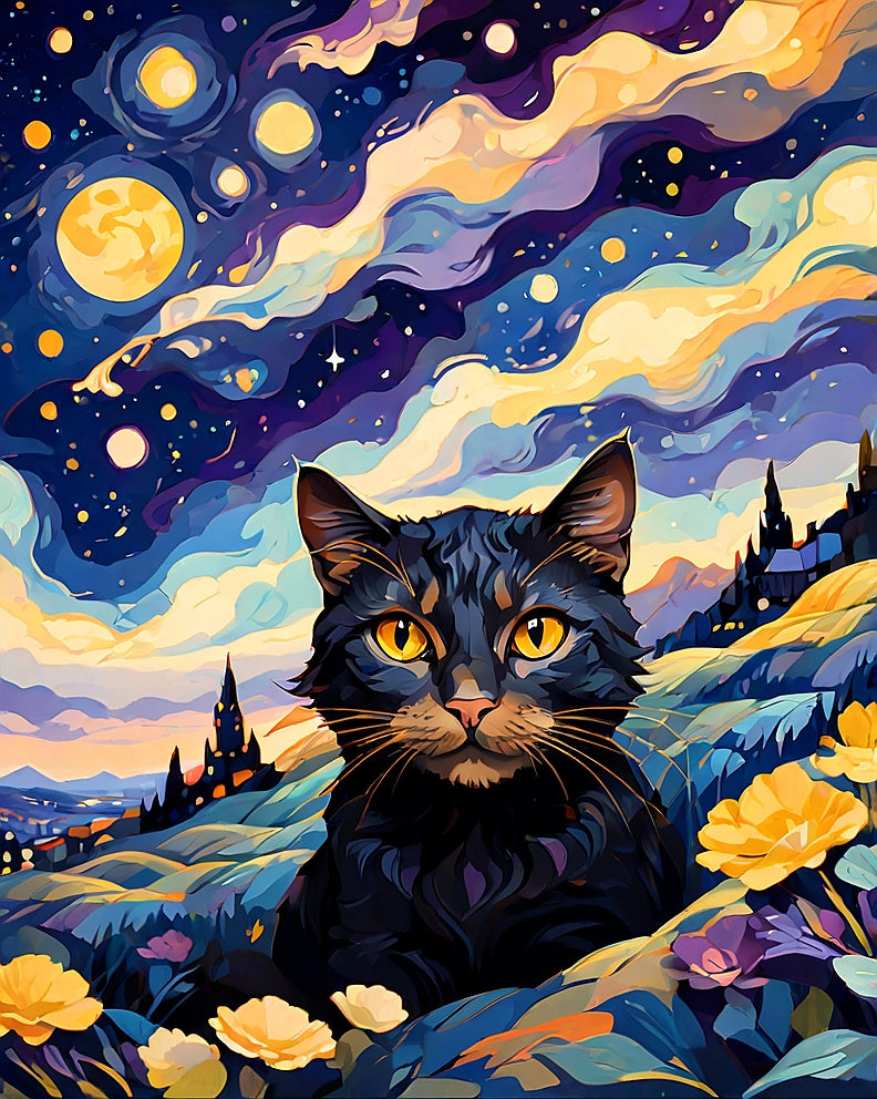 Black cat under the starry sky