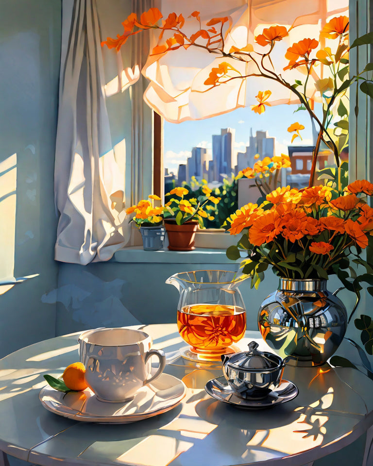 Orange flowers by the windowsill